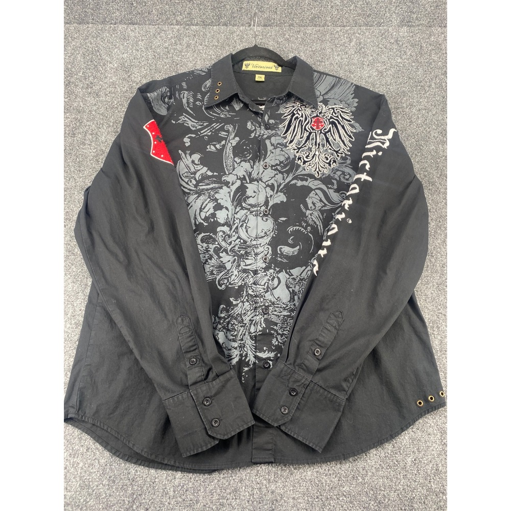 Victorious Mens 2XL Black Graphic Button Down Shirt Embroidered Eagle Crest Goth